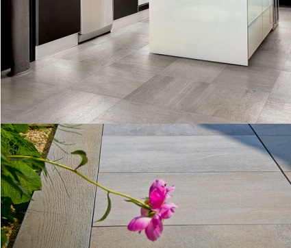 A kitchen and a garden with porcelain tiles