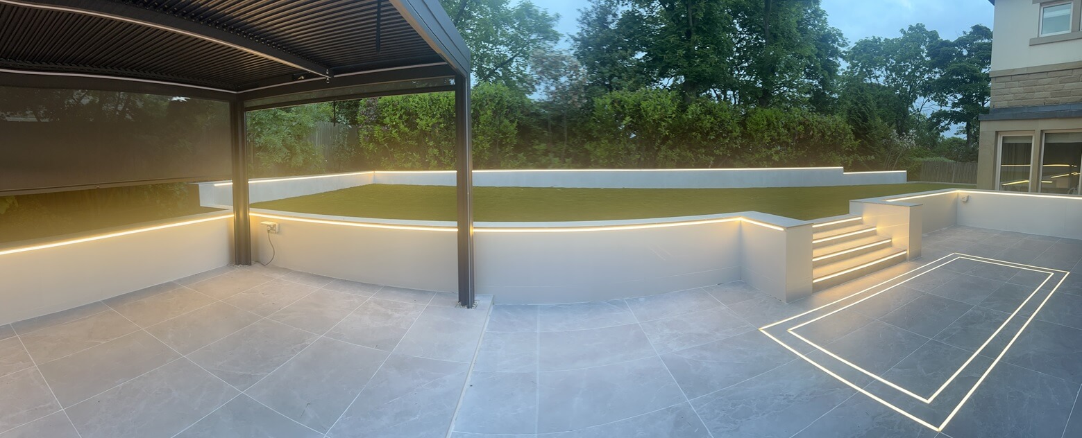 Patio with marble effect tiles