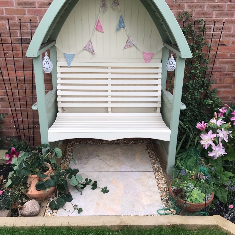 Garden bench with porcelain paving